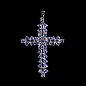 Estate 925 Pendente Argento Pera Tanzanite Naturale Gemma Croce Gioielli - Foto 1 di 13