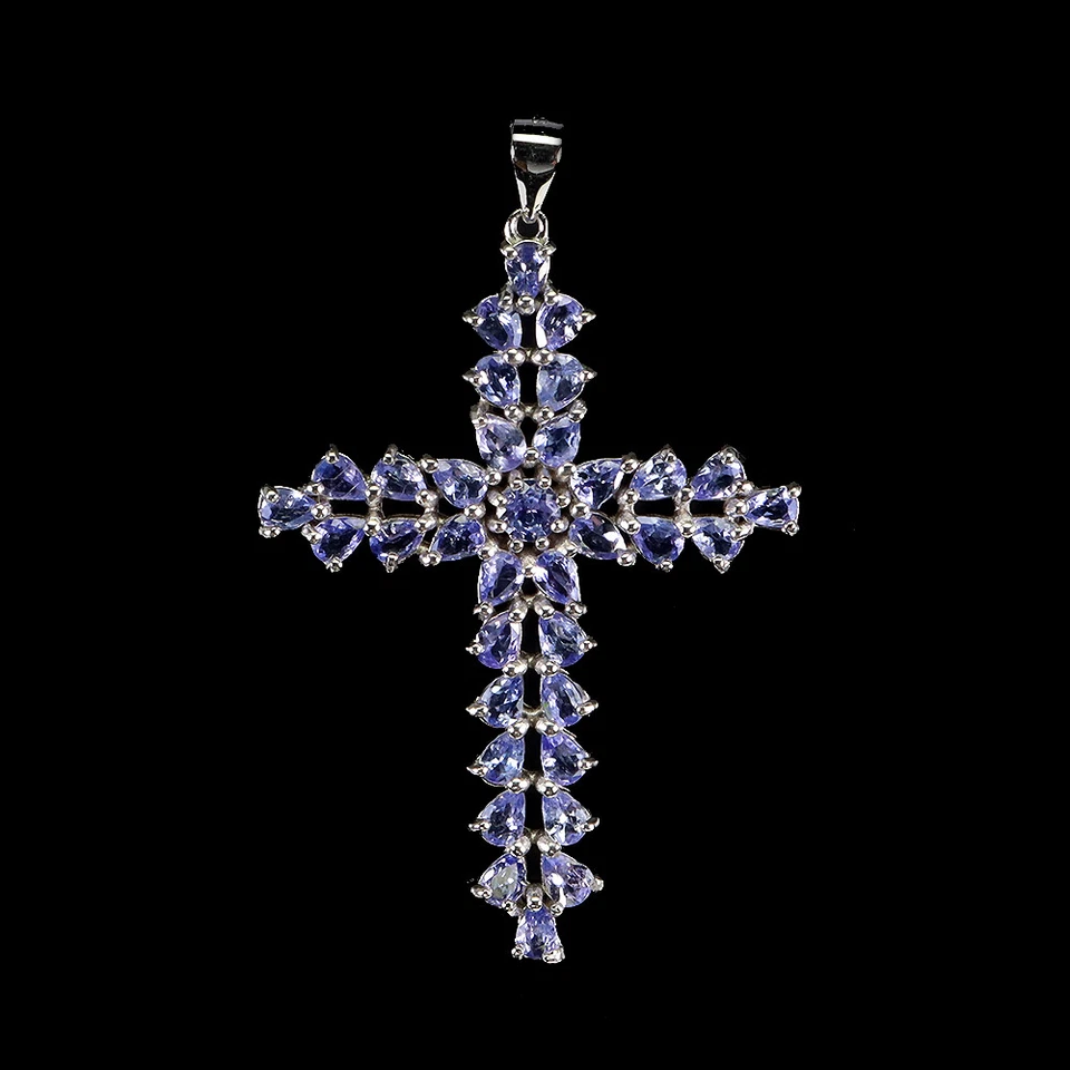 Pendente In Argento Sterling 925 Perla Tanzanite Gemma Naturale Croce Gioielli - Immagine 1 di 4