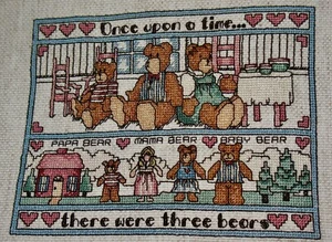 Completed Cross Stitch ONCE UPON A TIME ~ THERE WERE 3 BEARS 6" x 7 3/4" TEDDIES - Picture 1 of 6