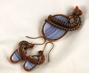 Copper Wire Wrap Blue Lace Agate Pendant and Earrings Set Handcrafted - Picture 1 of 7