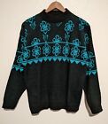 Vintage 80s Black and Blue Floral Pullover Sweater M L Acrylic