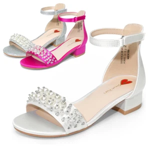 Girls Pump Sandals Shoes Ankle Strap Open Toe Low Heel Wedding Dress Shoes - Picture 1 of 27
