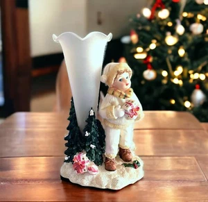 Christmas Scene Bud Vase Frosted Glass Resin Figural Base 7" H - Picture 1 of 9