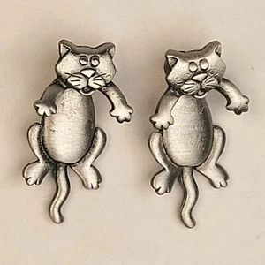 Vintage JJ Jonette Jewelry Silver Tone Pewter Hanging CAT Dangle Earrings 1.5" - Picture 1 of 8