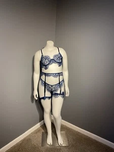 Sexy 3-teiliges Dessous Set transparent dunkelblau Spitze Größe L Strumpfband - Bild 1 von 7