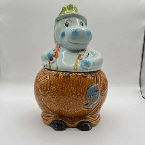 Blue Hippopotamus Fisherman with Fishing Pole Cookie Jar Japan Vintage - Picture 1 of 9