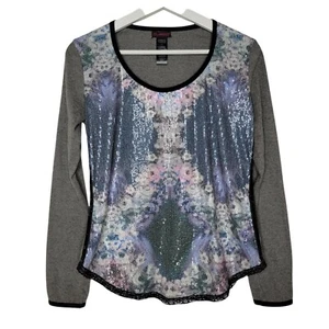 CUSTO BARCELONA T Shirt Graphic Sequin Grey Long Sleeves Scoop Neck Women's XS - Picture 1 of 10