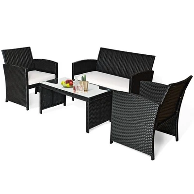 COSTWAY 4PCS Patio Rattan Furniture Conversation Set Cushioned Sofa Table Outdoor Black