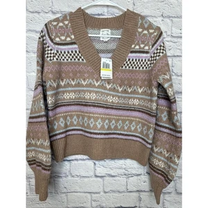 Hippie Rose Mocha Fairisle Cropped V-Neck Striped Sweater Sz MED NEW w/Tags - Picture 1 of 4