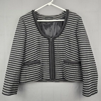 J CREW Striped Tweed Scoopneck Zip Up Jacket Blazer Size 14 Black & Gray - Image 1 of 4