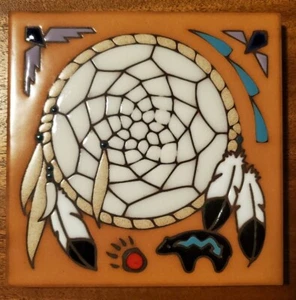 Masterworks Handcrafted Ceramic Art Tile Trivet Dream Catcher Decorative - Picture 1 of 4