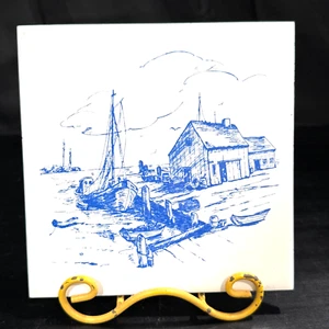 Vintage Fishing Warf Sea Scene Tile Mid-Century Modern White & Blue Drawing 6x6" - Picture 1 of 5