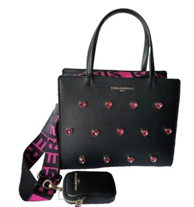 NWT $228 KARL LAGERFELD Black Maybelle Satchel Handbag With Pink Hearts - Picture 1 of 7