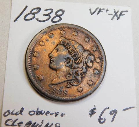 GORGEOUS 1838 U.S. LARGE CENT 1838 VF+ XF VERY OLD CLEANING!!!!!!!⭐⭐ Cover