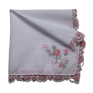 Handkerchief Vintage Top Pocket Square Hanky 1950s 1960s Cotton Embroidered Pink - Picture 1 of 8
