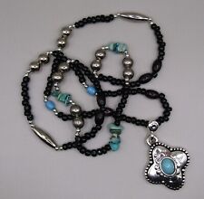 New Sharp Silvertone Natural and Faux Turquoise Beaded Necklace 28"