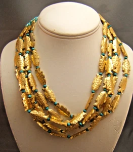 Collar turquesa pez chapado en oro de 5 hilos artesanal - Imagen 1 de 7