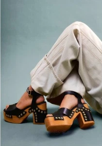 Free People Cecily Clogs Ankle Strap Platform Black Leather Brass Stud 8.5 NEW - Picture 1 of 12