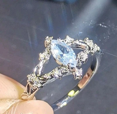 Silver-Plated Copper Blue Marquise Shaped CZ Ring Size 8 - Image 1 of 3