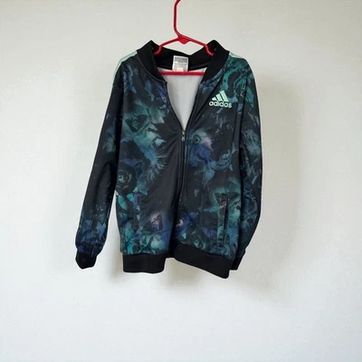 Adidas девочек цветочный печать молнии куртка с зелеными полосками - размер L - Изображение 1 из 4