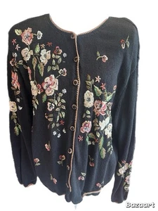 Tiara International Floral Embroidered Cardigan Sweater Size XL Black Beaded - Picture 1 of 5
