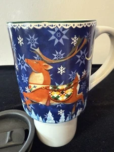 Jim Shore Ceramic Travel Mug w Lid 16 oz Holiday Winter Reindeer Gift - Picture 1 of 6