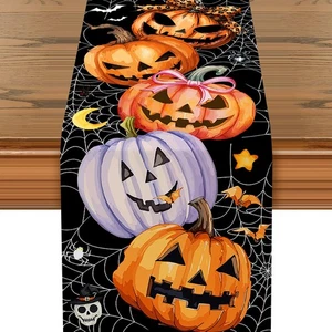 Halloween Decorations Spider Web Pumpkins Skeleton Bats Table Runner 13"x72" - Picture 1 of 12