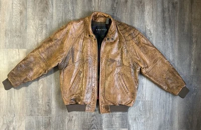 Chaqueta Bomber Context Vintage Años 90 Cuero Marrón, Talla L, Forro Azteca, Cremallera Completa Foto 1 de 4