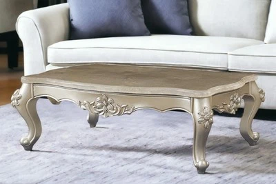 57" Beige Genuine Marble And Solid Wood Coffee Table - Image 1 of 4