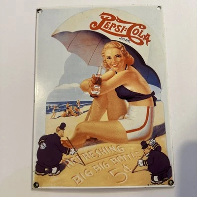 Pepsi Beach Girl Enamel Sign 8.5 x 11.5 Pinup - Image 1 of 4