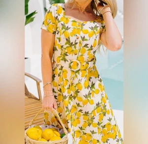 Neu mit Etikett Ivy City Co. Merideth Damenkleid zitronenfarben bedruckt Größe 2 Midi Landhauskern - Bild 1 von 9