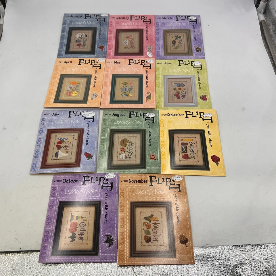 SET OF 11 NEW RARE LIZZIE KATE FLIP-ITS Cross Stitch CHARTS WITH CHARMS - Image 1 of 4