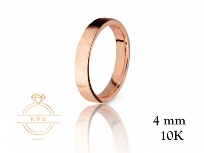10K Rose Gold 4mm FLAT Wedding Band Ring - Comfort Fit Solid Pink Gold Hammered - Image 1 of 4