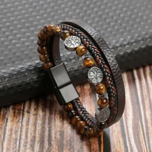 Pulsera de cuero marrón negro para hombre cierre magnético de acero inoxidable 7,5 pulgadas 19 cm - Imagen 1 de 1