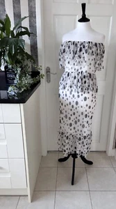 BNWT .. RIVER ISLAND ..Stunning White & Black Spot Off Shoulder Midi Dress Sz 12 - Picture 1 of 6