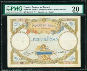 France 50 Francs 12-10-1933 Pick-80b Very Fine PMG 20 - Picture 1 of 2
