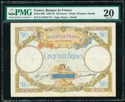 France 50 Francs 12-10-1933 Pick-80b Very Fine PMG 20 - Image 1 of 2