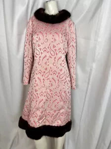 1960s pink metallic brocade evening dress set coat dress fur trim sz 10 vintage - Picture 1 of 13