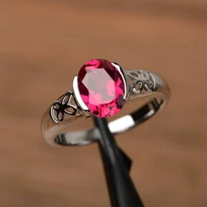 925 Sterling Silver Pink Ruby Ring Lab Created Oval Gemstone Everyday Women Ring - Picture 1 of 5
