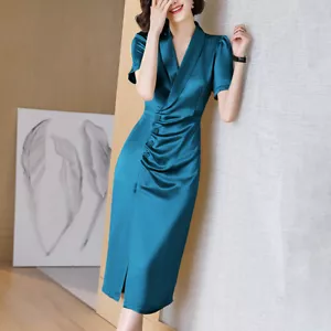 Lady Satin Silk Pencil Dress Formal Office Dresses Button Side Split Work Retro - Picture 1 of 14