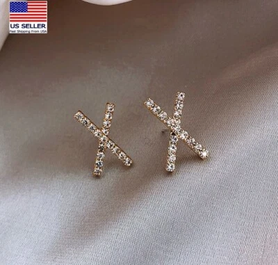 Women Crystal Earrings 3D Retro Elegant X Letter XOXO Style Fashion Stud 1270 - Image 1 of 4