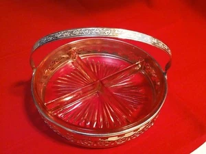 PINK DEPRESSION GLASS CONDIMENT TRAY 4 section w/Round Silverplate Holder - Bild 1 von 9