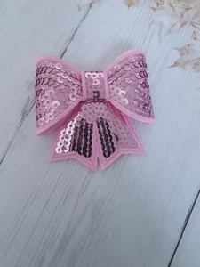 light PINK 3D sequin bow hotfix iron on Motif patch Lace xmas costume Applique - Picture 1 of 1