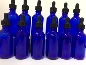 12 -- 2oz Blue Glass Bottles with Glass Eye Dropper Dispenser for Essential Oils - Picture 1 of 3