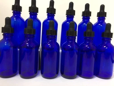 GLOBAL 12 -- 2oz Blue Glass Bottles with Glass Eye Dropper Dispenser for Essential Oils