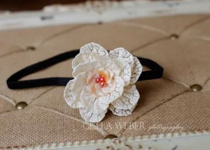 Boho Woman Flower Beaded Headband Stretch Headband Creme Off White Hippie Style - Picture 1 of 2