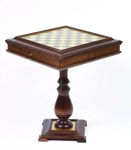 Table antique finished worm wood with solid brass chess/checkers board. Silk scr - Picture 1 of 3