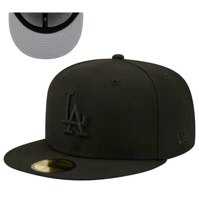 Los Angeles Dodgers MLB Basic Black on Black 59Fifty Fitted Hat- Gray Under Brim - Image 1 of 2