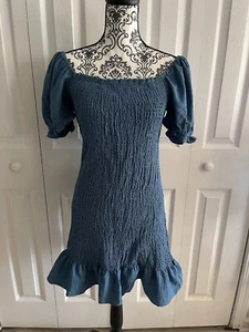 BiBi Ocean Puff Sleeve Smocked Bodycon Mini Dress Size Large - Picture 1 of 4