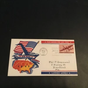 FDC 1941 #C28 STAEHLE CACHET THERMOGRAPHY NEW AIR MAIL SERIES 15 Cent Stamp USA - Picture 1 of 2